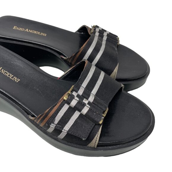Y2K 90s Enzo Angiolini LIO Slide Wedge Sandals Womens 7 Open Toe Striped Black - Picture 3 of 11